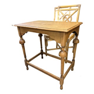 Antique English Oak Side Table With Turned Legs & Stretcher Base For Sale