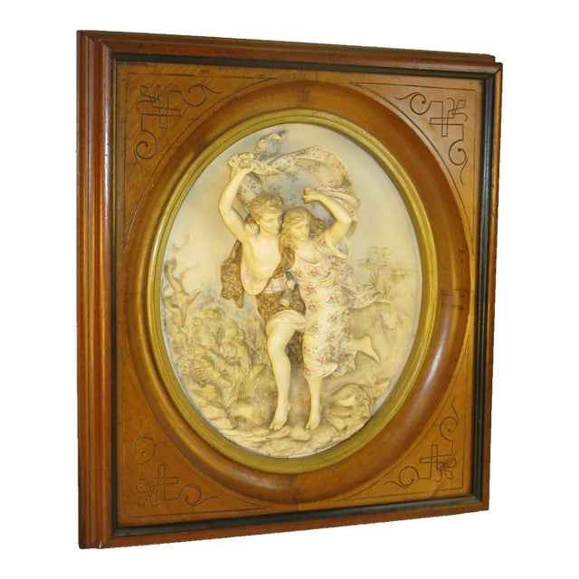Antique Porcelain Plaque, "The Storm" (La Tempête) After: French Artist Pierre Auguste Cot, Walnut Frame, European Figurine For Sale
