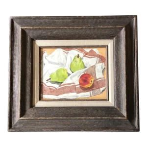 1970’s Vintage Still Life Pastel Drawing Pears & Peach on Tablecloth Modernist Vintage Frame