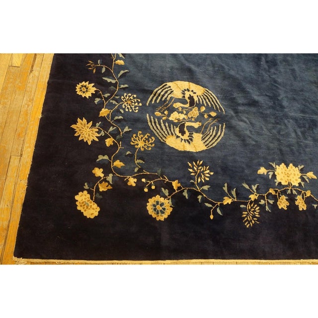 1920s Antique Blue Navy Traditional Floral Birds Chinese Peking Wool Rug For Sale In New York - Image 6 of 10