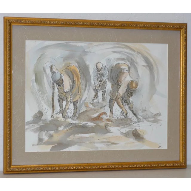 White Original Pen & Ink w/ Watercolor "Planters Planting" For Sale - Image 8 of 8