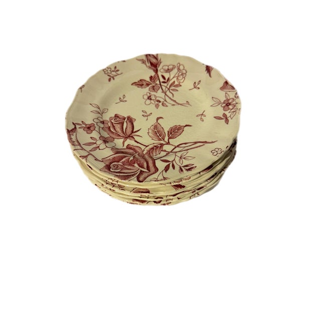 Mid Century J & G Meakin Tudor Roses Cream & Burgundy Ironstone Salad Plates - Set of 8 For Sale - Image 4 of 7