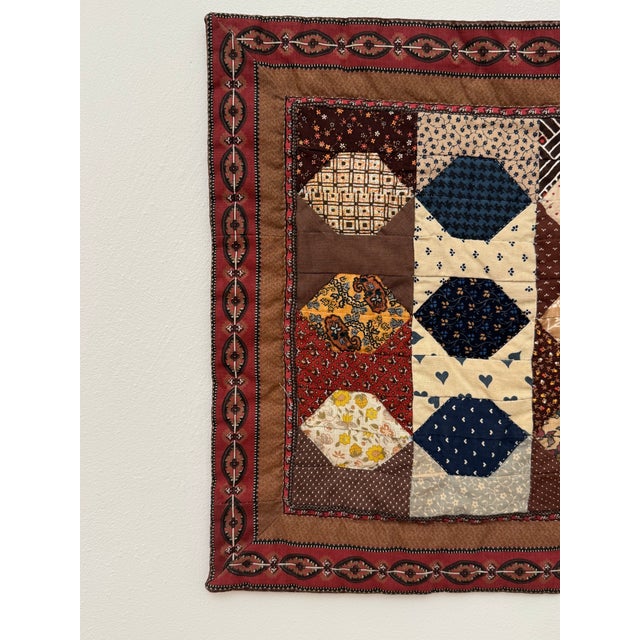 Vintage Traditional Americana Geometric Quilted Textile Art, Brown, Navy, Cream For Sale In Houston - Image 6 of 12