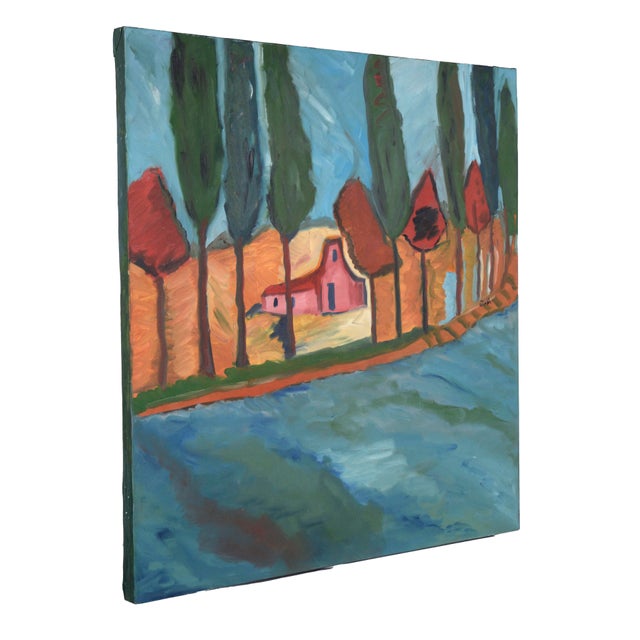 Blue Belgian Barn by the River - Expressionist Landscape Original Oil on Canvas by Gloria Takla For Sale - Image 8 of 11