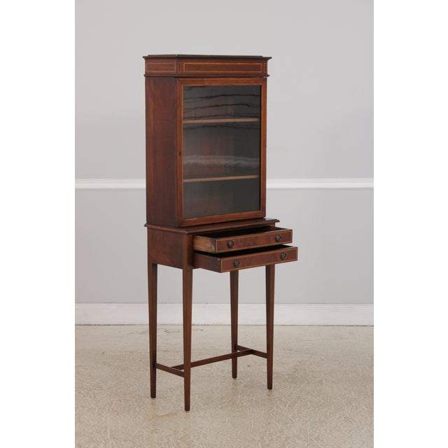 Traditional Antique Edwardian 2 Drawer Inlaid Mahogany Curio Cabinet For Sale - Image 3 of 17