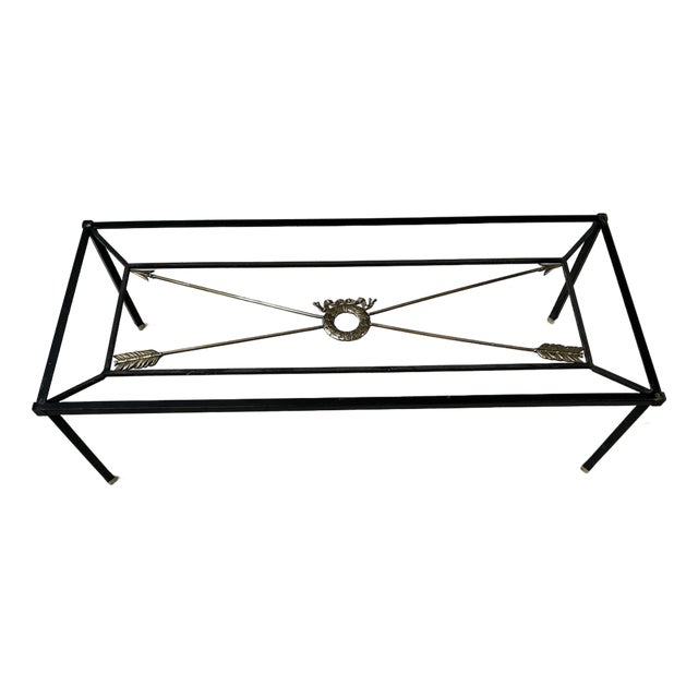 Vintage Neoclassical Style Iron and Brass Glass Top Coffee Table For Sale