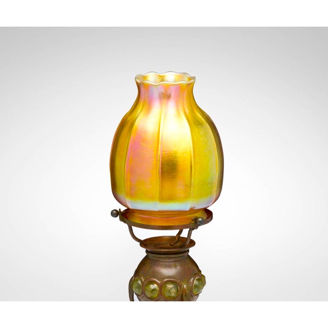 Antique Tiffany Studios Jeweled Favrile Glass Candle Lamp, Patinated Bronze Base For Sale - Image 10 of 12