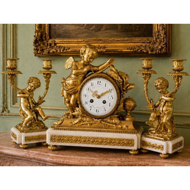19thC French Louis XVI Gold Ormolu Clock Set - 3 Pc For Sale - Image 14 of 14