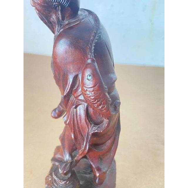 Republic Period Chinese Carved Wood Statue of a Fisherman, 1900s For Sale - Image 4 of 9