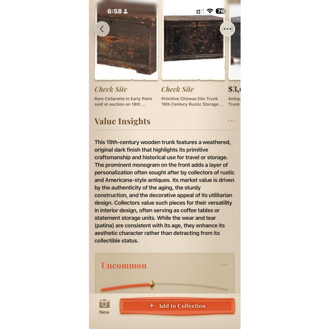 Value Insights This 19th-century wooden trunk features a weathered, original dark finish that highlights its primitive...