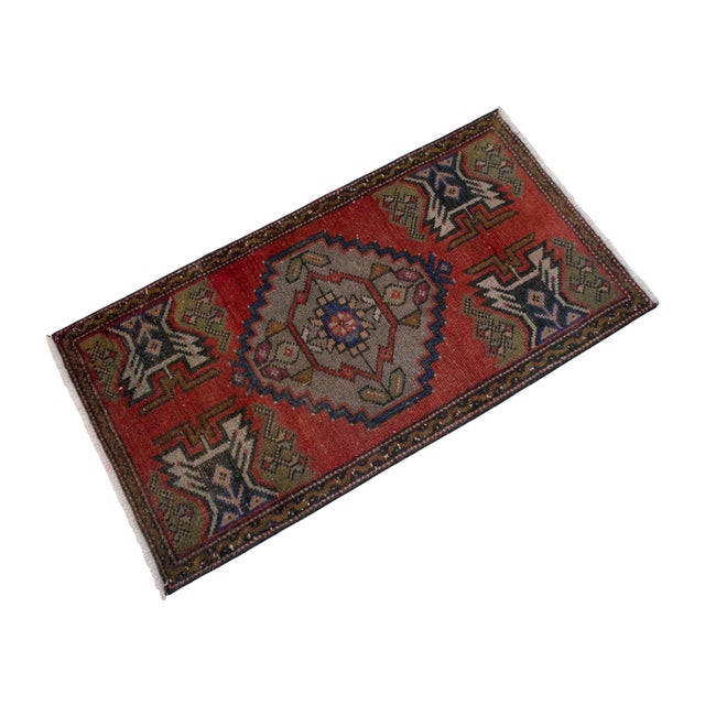 Distressed Low Pile Turkish Yastik Petite Rug Hand Knotted Faded Mat - 20'' X 39'' For Sale - Image 4 of 13