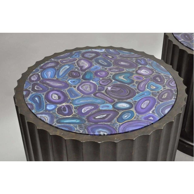 Mid-Century Modern Large Custom Wooden Fluted Column Pedestal W/ Faux Purple Agate Painted Top Pair For Sale - Image 3 of 12