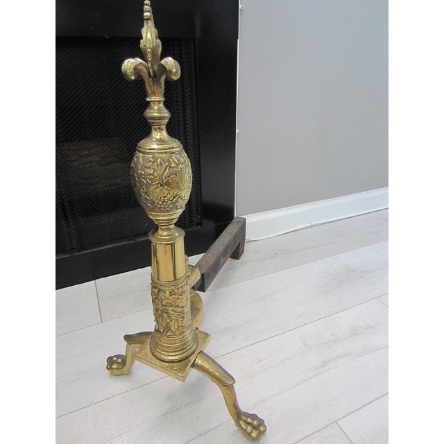 Art Nouveau Late 18th Century Pair of French Claw Foot Fleur D Elise Finial Brass Andirons For Sale - Image 3 of 7