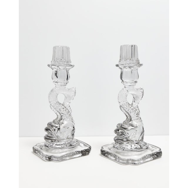 Transparent Cambridge Dolphin Fish Clear Glass Candlesticks For Sale - Image 8 of 18