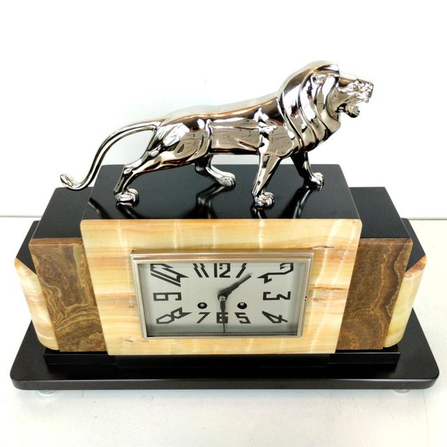 French Art Deco Mantel Clock with Chrome-Plated Bronze Lion, 1930s For Sale - Image 16 of 18