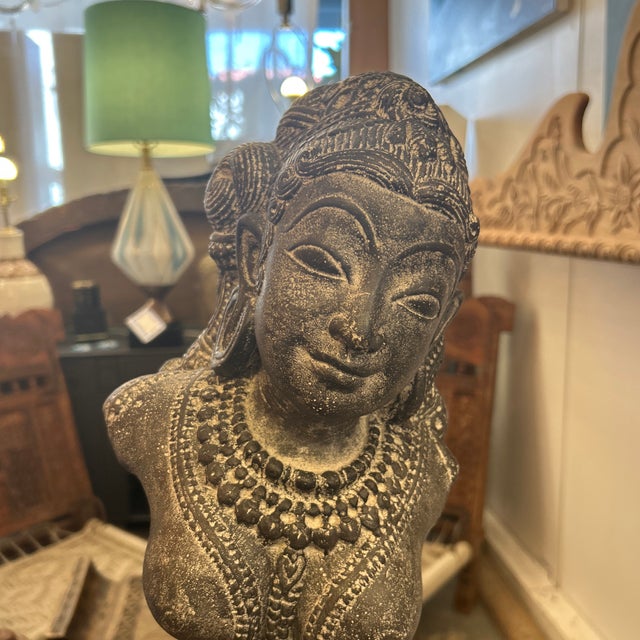 Expertly carved very heavy solid stone sculpture of a deity goddess. The detailed workmanship is fantastic from the face...