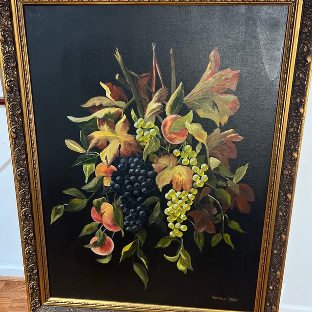 Rustic European 1960s Oil on Canvas Floral Still Life Fruits and Flowers Framed Signed by American Artist Katherin West For Sale - Image 3 of 12