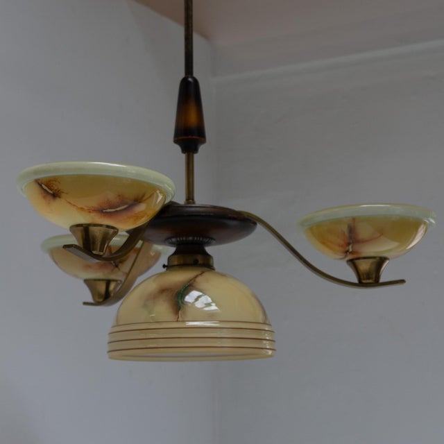 Art Deco Danish Brass Chandelier with Marbled Opaline Shades, 1930s. For Sale - Image 17 of 18