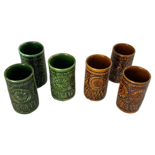 Cups in Brown & Green Ceramic, France, 1970s, Set of 5 For Sale