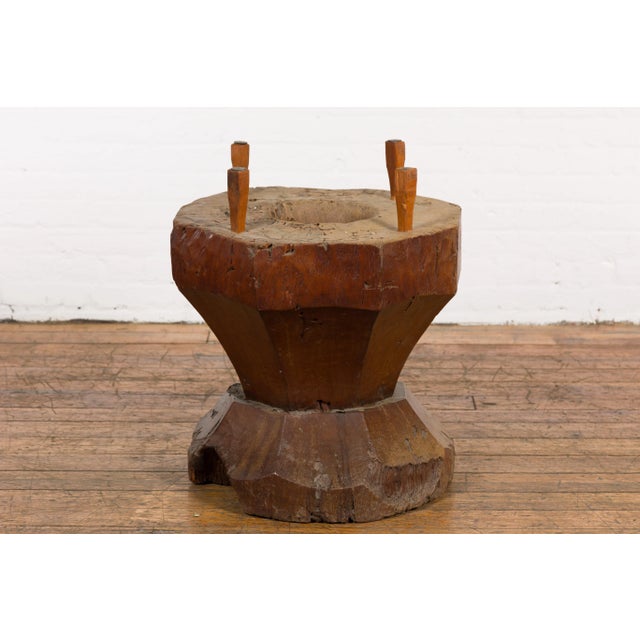 19th Century Primitive Teak Wood Mortar Made into a Side Table Base, Glass not Included For Sale - Image 12 of 12
