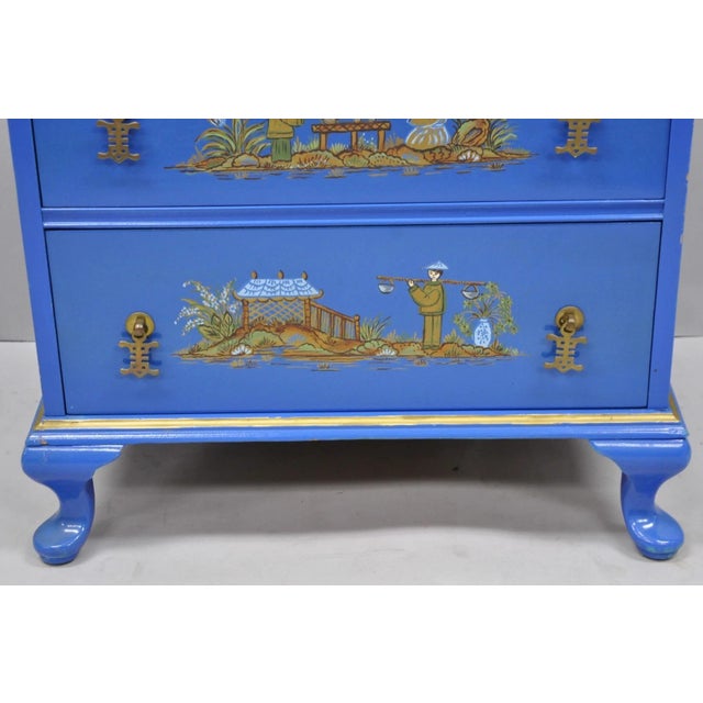 Blue Vintage Chinoiserie Blue Hand Painted Gold Gilt Narrow Bookcase Secretary Desk For Sale - Image 8 of 18