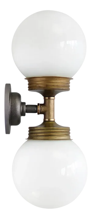 Vintage Double Sconce Wall Lamp in Cast Iron, Opaline Glass and Brass