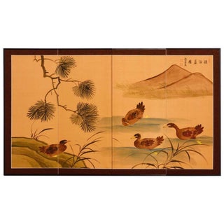 Japanese Four Panel Folding Screen with Ducks For Sale