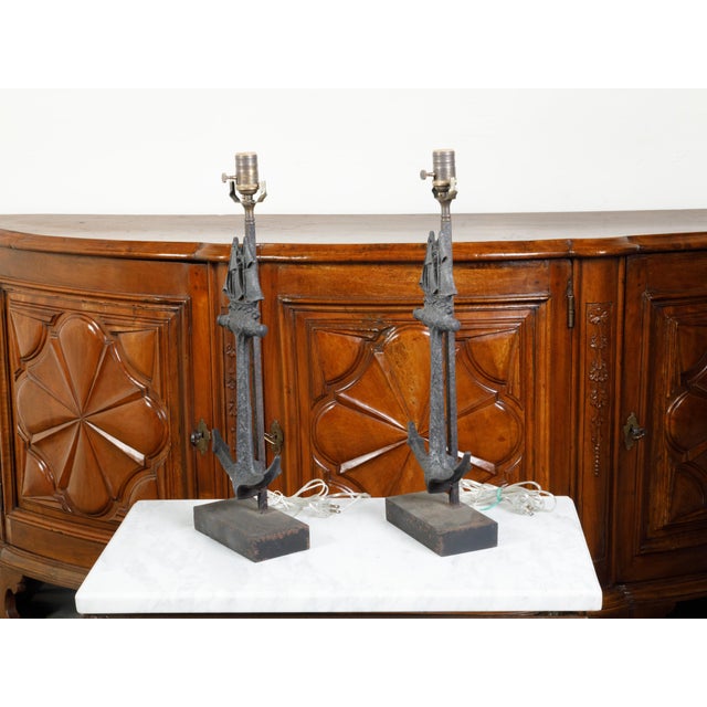 Early 20th Century Pair of Iron Table Lamps with Anchors and Sailboats on Rectangular Bases For Sale - Image 5 of 8