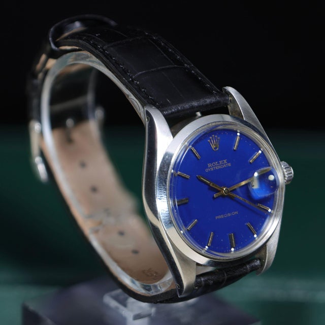 Vintage Rolex Oysterdate Precision 6694 Blue Dial Steel 1977 Leather Strap Watch For Sale - Image 13 of 17