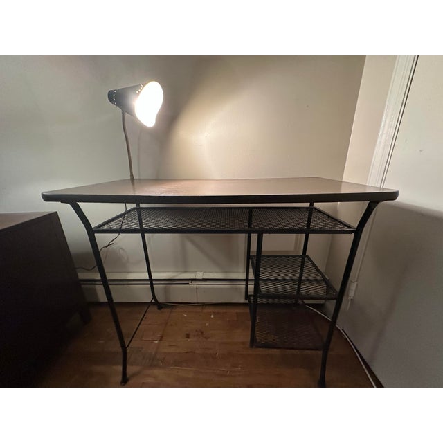 Mid-Century Modern 1960s Mid-Century Arthur Umanoff Desk W/Lamp, 4 Wrought Iron Shelves, Matching Chair - Set of 2 For Sale - Image 3 of 12