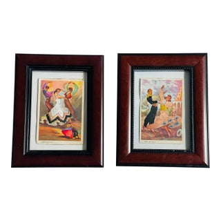 Pair Antique Spanish Embroidered Flamenco Dancers Postcards Framed For Sale