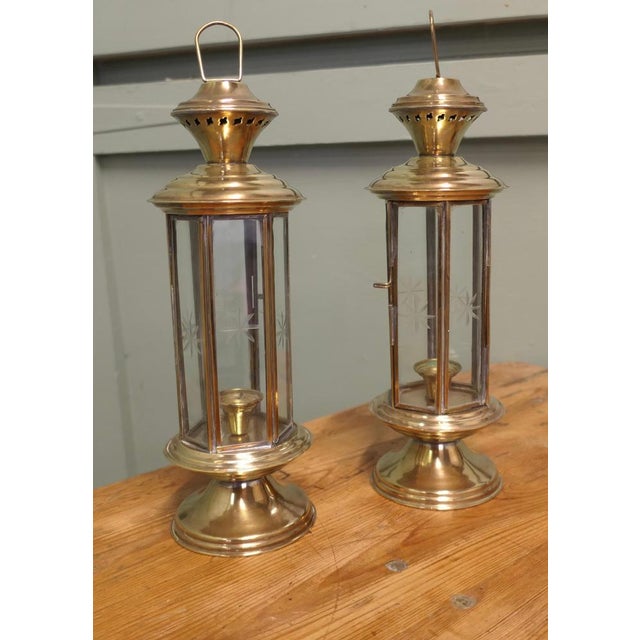 Brown Vintage Etched Glass 6-Sided Candle Lanterns, 1970, Set of 2 For Sale - Image 8 of 9