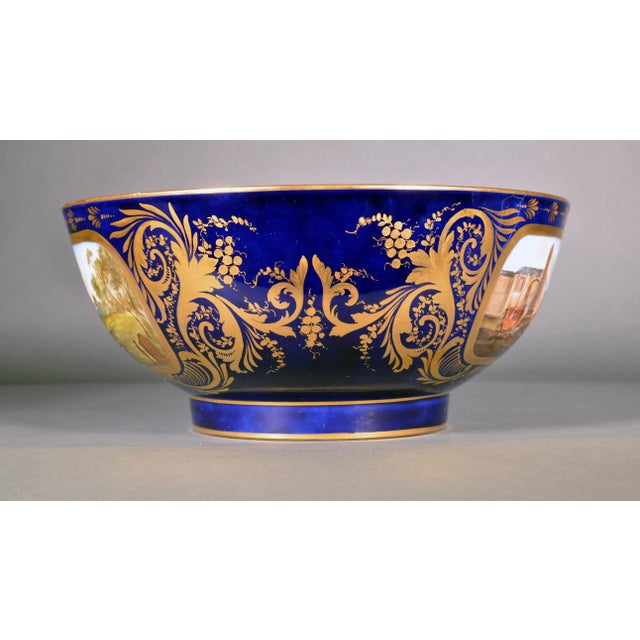 French Porcelain Mazarine Blue-Ground Punch Bowl With London View and Botanical Interior For Sale In Philadelphia - Image 6 of 12