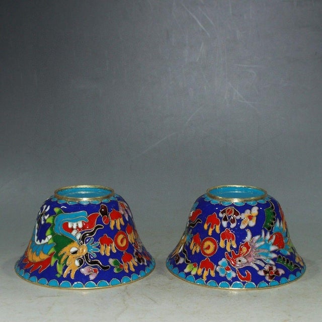 Mid 20th Century Vintage Cloisonne Enamel Tea Bowls – 3.9" Dragon & Phoenix Cups - Pair For Sale - Image 5 of 9