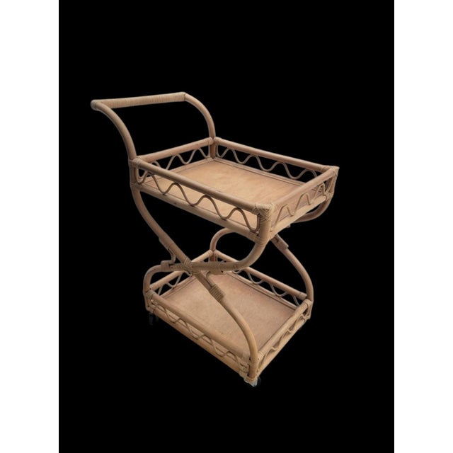 Serena & Lily Vintage Rattan Coastal Regency 2 Tier Light Blond Bar Cart For Sale - Image 4 of 7