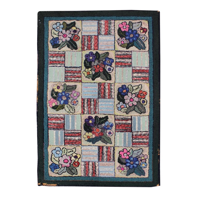 Checkerboard Vintage American Hooked Rug With Geometric and Floral Designs 3'1"x4'8" For Sale