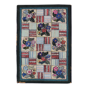 Checkerboard Vintage American Hooked Rug With Geometric and Floral Designs 3'1"x4'8"