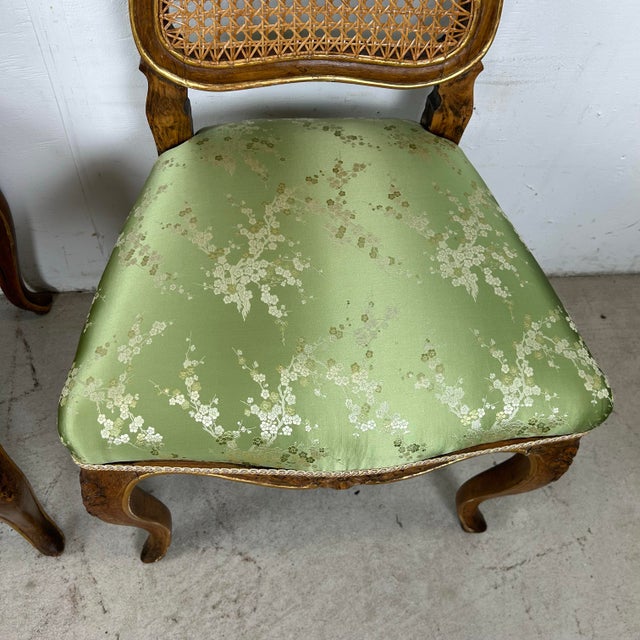 Wood Pair French Provincial Louis XV-Style Side Chairs – Walnut & Green Upholstery For Sale - Image 7 of 12