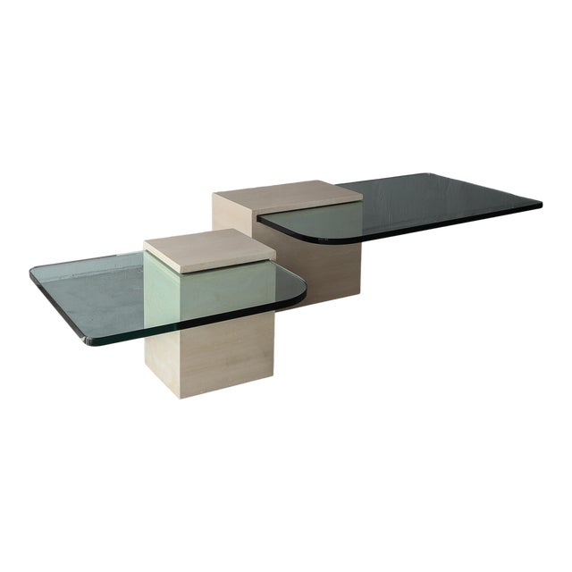 Pair of Italian Travertine and Cantilevered Glass Coffee Tables For Sale