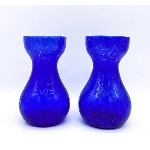 Mid Century Modern Cobalt Blue Crackle Glass Vases- a Pair For Sale - Image 11 of 11