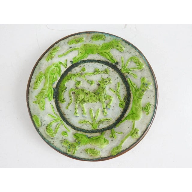 Chinese Vintage Lime Green Chinese Repousse Horses Enamel Box and Dish For Sale - Image 3 of 11