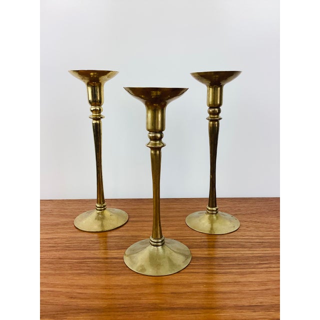 Vintage Tall Brass Graduated Size Set of 3 Candle Holders For Sale - Image 4 of 6
