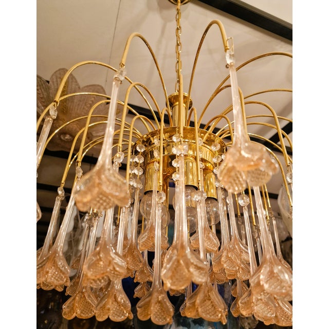Vintage Gold Rain Chandelier with Handmade Murano Glass Pink Flowers, Italy, 1960 For Sale - Image 14 of 16