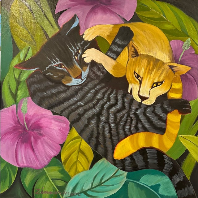 Two cats are locked in a moment of play among dense tropical foliage, a sleek black cat and a golden one intertwined in...