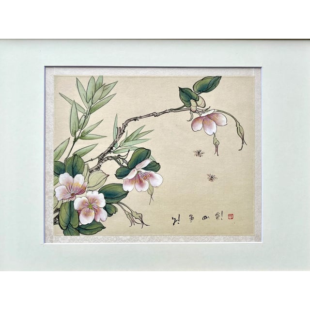 An original beautiful Chinese watercolor painting of silk of flowers and butterflies artist signed presented matted and...