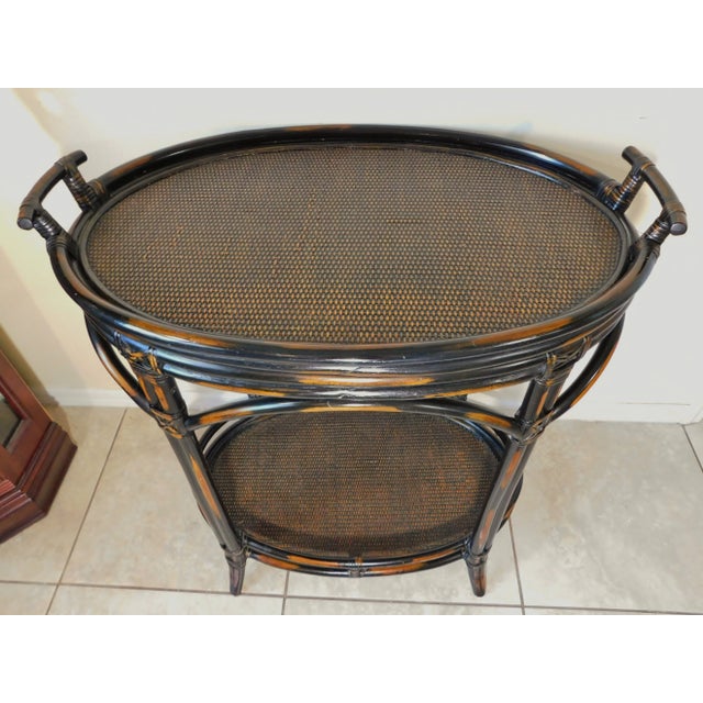 Ornate Natural Bamboo Rattan Brown Wicker Oval Tray Table Two Tier Server For Sale In West Palm - Image 6 of 12