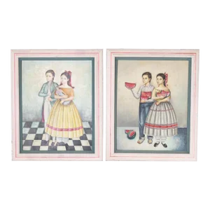 Pair of Paintings of a Boy and a Girl