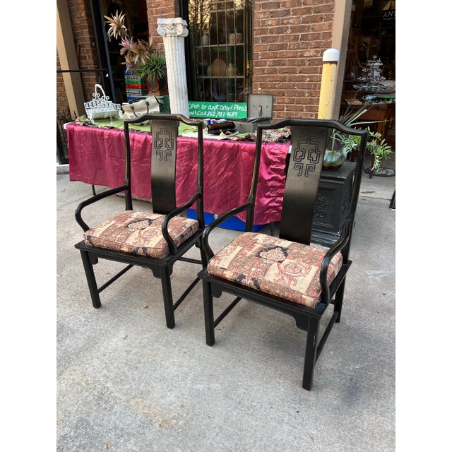 1970s 1970s Pair of Black Painted Cushioned Kings Dining Asian Ming Chairs For Sale - Image 5 of 8
