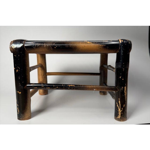 Black Boho Chic Bamboo Black Painted Distressed Low Riser/Plant Stand For Sale - Image 8 of 10