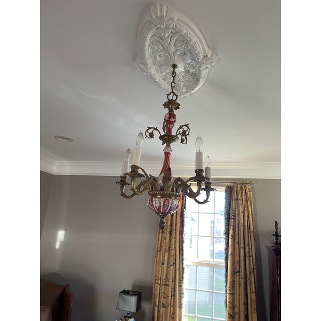 1950s 5 Light Brass and Ceramic Chandlier For Sale - Image 5 of 7